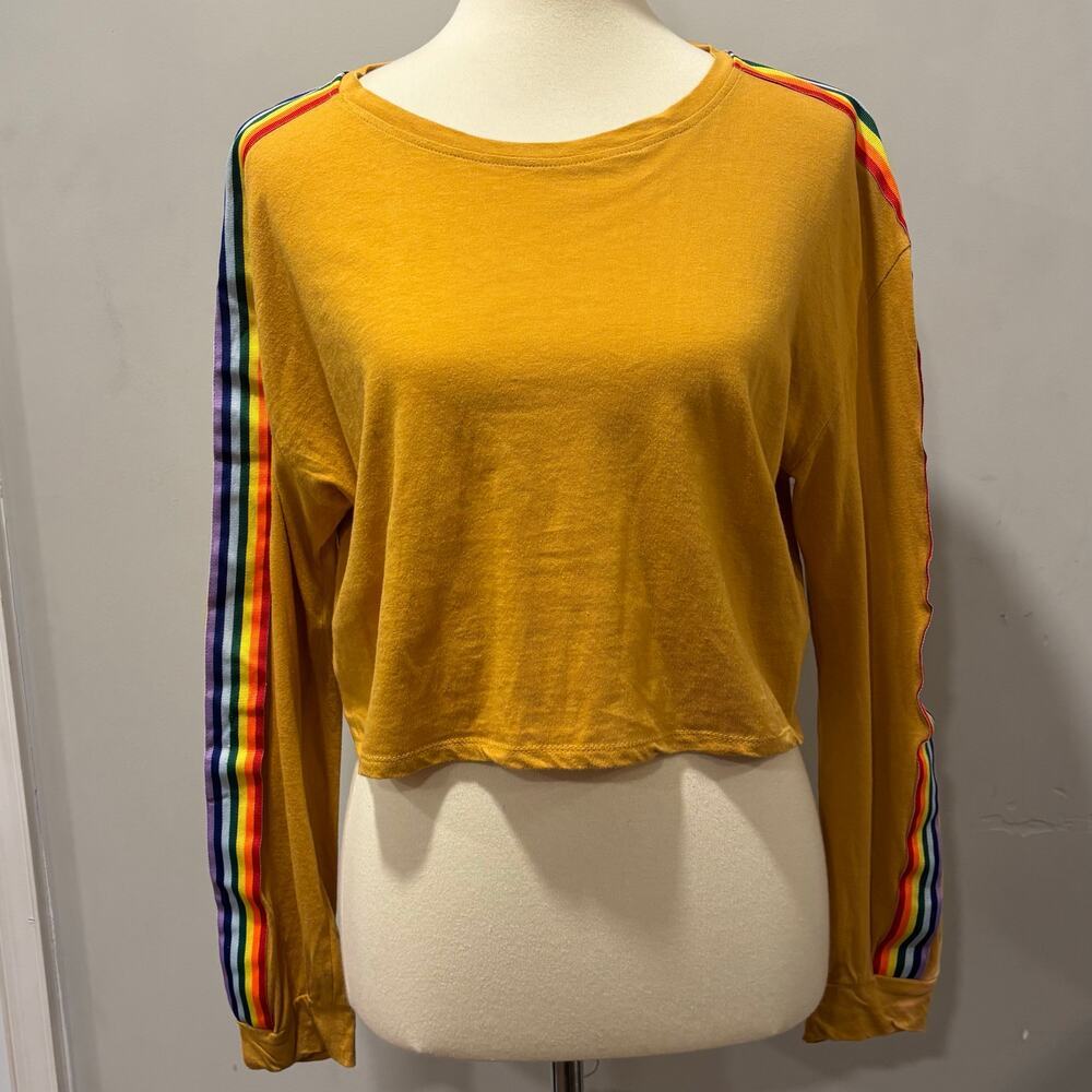 Yellow and Rainbow Stripe Crop Top Y2K 90's Retro Skater Vibrant, Size XL